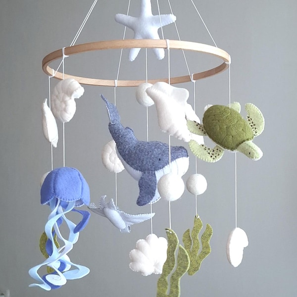 Ocean baby crib mobile: Felt whale, turtle, jellyfish - Hanging sea creatures coastal nursery decor
