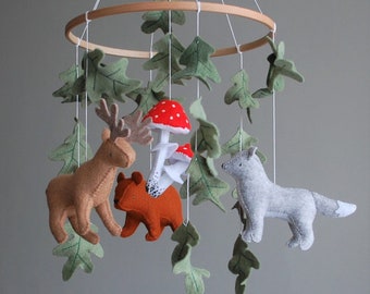 Felt Woodland Baby Mobile, Forest Animals Nursery Decor Nature Hanging Ornament