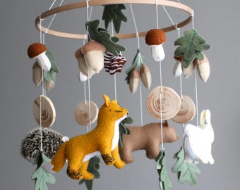 Felt Woodland Baby Mobile Forest Animals Nursery Decor with Bear Rabbit Fox Hedgehog