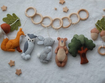 Woodland baby play gym toys set, hanging baby gym toys, forest nursery accessory, felt animal gym toys bear, bunny, owl, fox