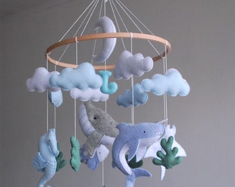 Personalized baby mobile ocean Whale mobile Sea theme nursery decor Sea creatures mobile Whale shark baby mobile Felt mobile hanging