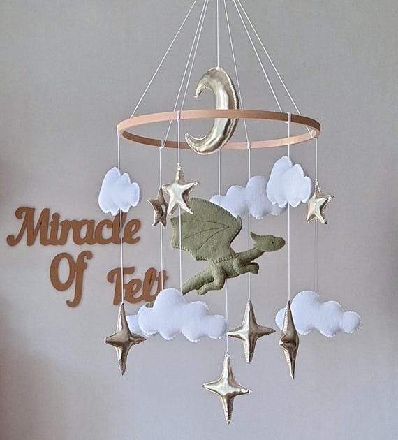 Green Felt Dragon Baby Mobile: Fantasy Nursery Hanging Decor Moon Stars
