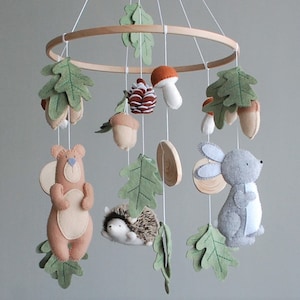 Woodland Felt Baby Mobile, Forest Nursery Decor, Bear Bunny Hedgehog Hanging Ornament image 1