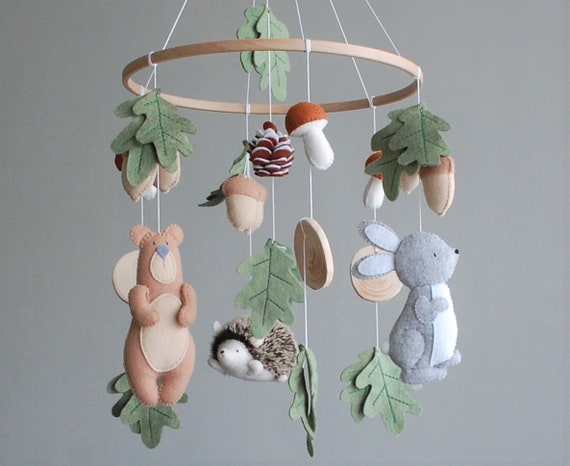 Woodland Felt Baby Mobile, Forest Nursery Decor, Bear Bunny Hedgehog Hanging Ornament
