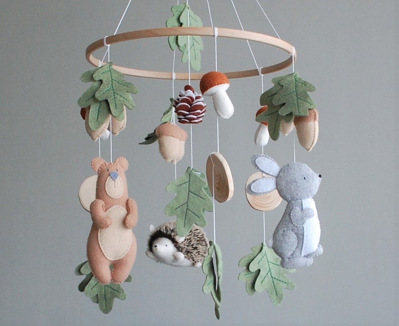 Woodland Felt Baby Mobile, Forest Nursery Decor, Bear Bunny Hedgehog Hanging Ornament image 1