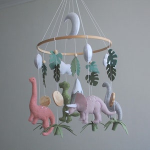 Dinosaur mobile Baby girl nursery mobile, Felt mobile dino, tropical nursery decor, Hanging mobile, baby shower gift, expecting mom gift image 5