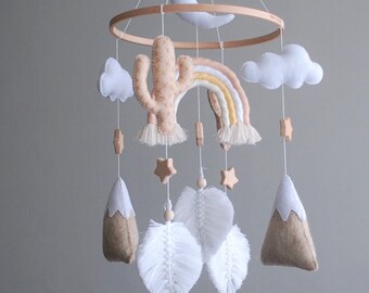 Neutral baby crib mobile Felt nursery mobile Hanging mobile for baby girl or boy Macrame baby mobile Rainbow Cactuses Mountains