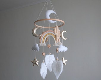 Felt Cactus Baby Mobile: Macrame Rainbow, Moon & Stars