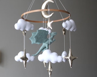 Dragon baby mobile Fairy nursery mobile for crib Fantasy baby mobile Felt dragon and stars Baby shower gift Hanging cot mobile