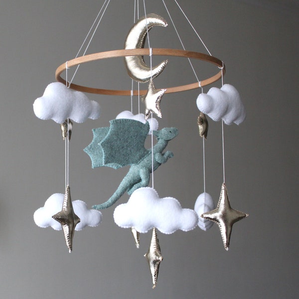 Dragon baby mobile Fairy nursery mobile for crib Fantasy baby mobile Felt dragon and stars Baby shower gift Hanging cot mobile