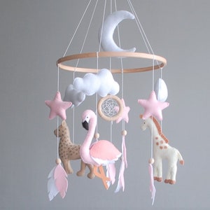 Safari Baby Mobile: Felt Flamingo, Giraffe, Jaguar - Boho Nursery Decor, Expecting mom gift