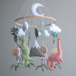 Dinosaur mobile Baby girl nursery mobile, Felt mobile dino, tropical nursery decor, Hanging mobile, baby shower gift, expecting mom gift image 2