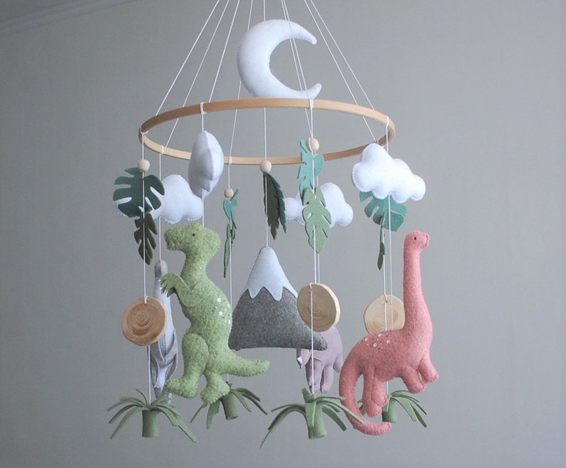 Dinosaur mobile Baby girl nursery mobile, Felt mobile dino, tropical nursery decor, Hanging mobile, baby shower gift, expecting mom gift image 2