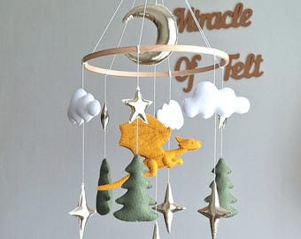 Felt dragon baby mobile Fantasy magic nursery hanging decor, New mom gift