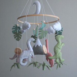 Dinosaur mobile Baby girl nursery mobile, Felt mobile dino, tropical nursery decor, Hanging mobile, baby shower gift, expecting mom gift image 3