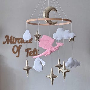 Felt Dragon Baby Mobile Girl: Fairy Nursery Decor, Pink Dragon Moon & Stars, Mom-to-be gift