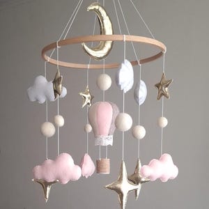 Felt Baby Mobile: Moon, Stars, Clouds & Hot Air Balloon - Pink Nursery Decor