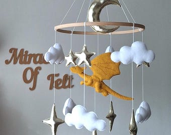Fantasy baby mobile Felt dragon nursery handmade decor stars & moon Pregnancy gift