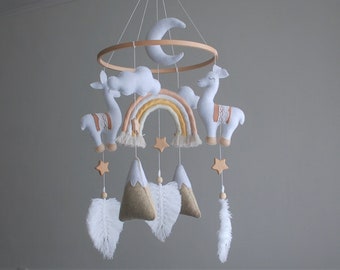 Baby crib mobile Neutral baby mobile llama Boho theme nursery decor Hanging baby mobile for crib Baby shower gift