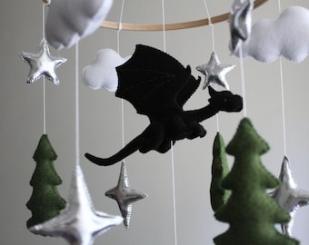 Black Dragon Baby Mobile with Fantasy Forest Trees Felt Nursery Decor Fairy Tale Adventure