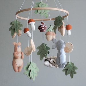 Felt Woodland Animals and Mushrooms Baby Mobile: Forest Nursery Crib Decor, Mom-To-Be Gift