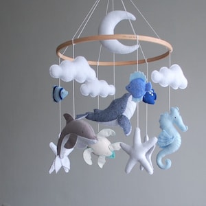 Ocean baby crib mobile Felt whale Nautical nursery decor sea animals