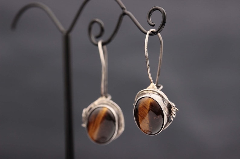 Ethnic boho safari style Natural stone brown cabochon Tiger/'s eye earrings Tiger eye jewelry Sterling silver 925 Womens vintage gift