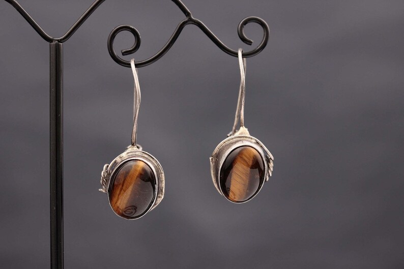Ethnic boho safari style Natural stone brown cabochon Tiger/'s eye earrings Tiger eye jewelry Sterling silver 925 Womens vintage gift