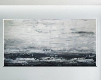 Grey Landscape - Abstract Textured Large Minimalist Canvas Painting Panoramic Long Narrow Horizontal Modern Abstract Original Artwork