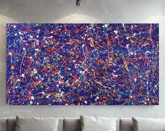 Pittura in stile Jackson Pollock, grande colorato, schizzi orizzontali, arte moderna della parete, pittura acrilica su tela