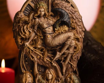 Tyche Wood Statue: Greek Goddess of Fortune, Cornucopia and Three Norns