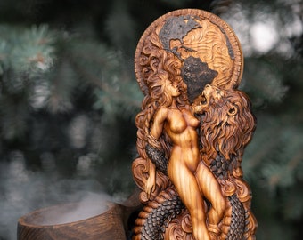 Aeon Sophia a Goddess of Wisdom Gnosis Gnostic Demiurge Yaldabaoth Universe Wood carving sculpture