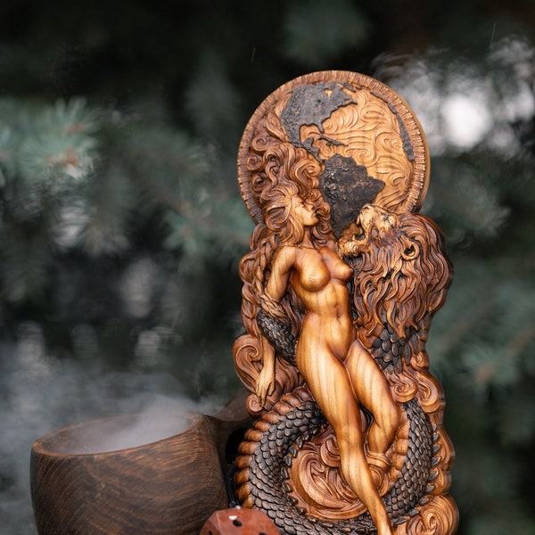 Aeon Sophia a Goddess of Wisdom Gnosis Gnostic Demiurge Yaldabaoth Universe Wood carving sculpture