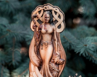 Norse Goddess Hel Statue: Ash Wood Carving, Pagan Altar Sculpture