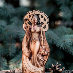 Hel statue, norse goddess Hela death reaper viking god scandinavian pantheon wood carving altar sculpture pagan paganism