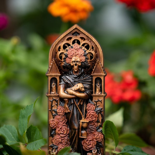 Gesneden essenhouten standbeeld van Santa Muerte: altaar voor volkskatholicisme, 9 inch