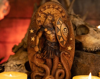 Abraxas Goetia Goetic Magic Wood carving sculpture Archon statue Gnostic 365 Universe