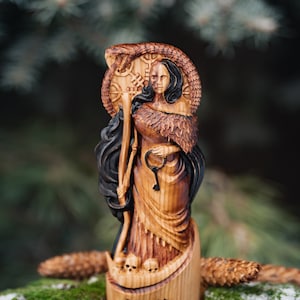 Hel statue, norse goddess Hela death reaper viking god scandinavian pantheon wood carving altar sculpture pagan paganism