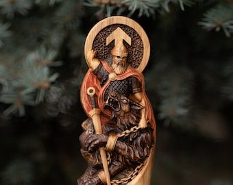 Hand Carved Ash Wood Tyr Statue: Norse God Altar Sculpture