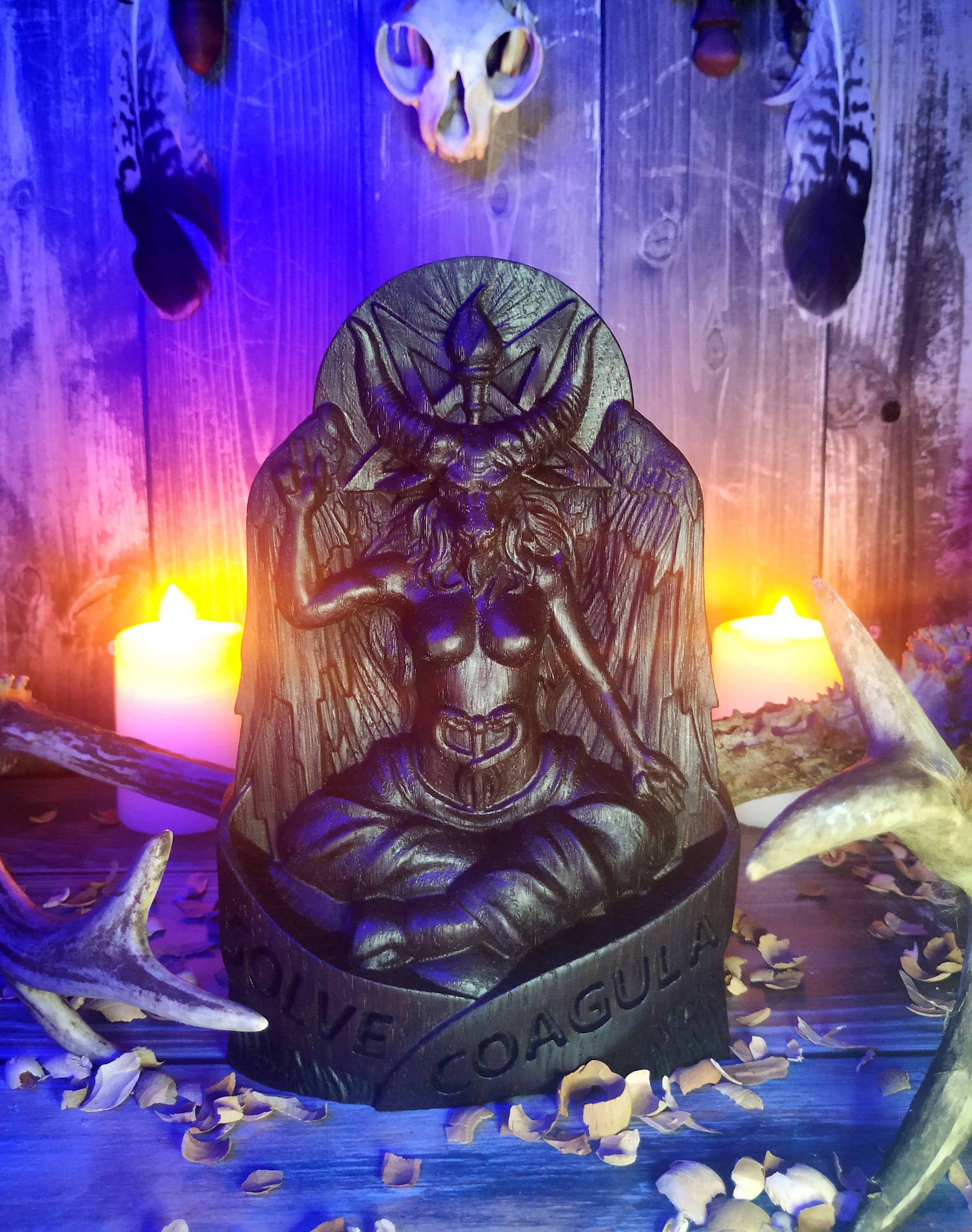 Baphomet statue Pentagram Sabbatic Goat Magic Alchemy Occultism Occult Idol Witchcraft Witch Carving Wood Altar