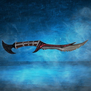 May include: A black and silver dagger with a red blade. The dagger has a curved handle and a serrated blade.