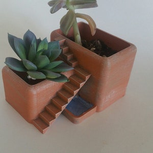 May include: A terracotta-colored planter with a built-in staircase and two succulent plants. The planter has a small, rectangular opening at the bottom.