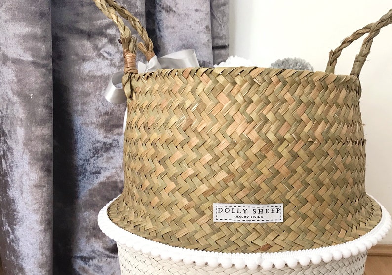 Pom pom basket grey Seagrass belly basket with poms Gift Etsy