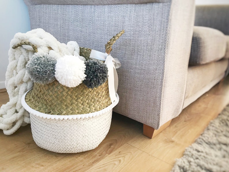 Pom pom basket grey Seagrass belly basket with poms Gift Etsy