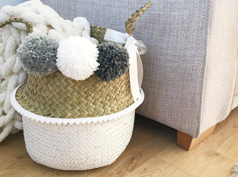 Pom pom basket grey Seagrass belly basket with poms Gift Etsy