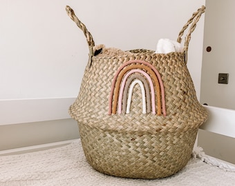 Rainbow Belly Basket - Nursery Basket with Rainbow Front - Toy or Teddy Storage Basket - Boho Kids Room Basket