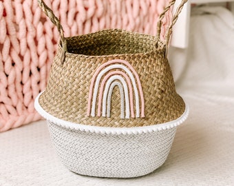 Dipped Rainbow Basket - Belly Basket with rainbow front - Pink Rainbow Basket for Nursery