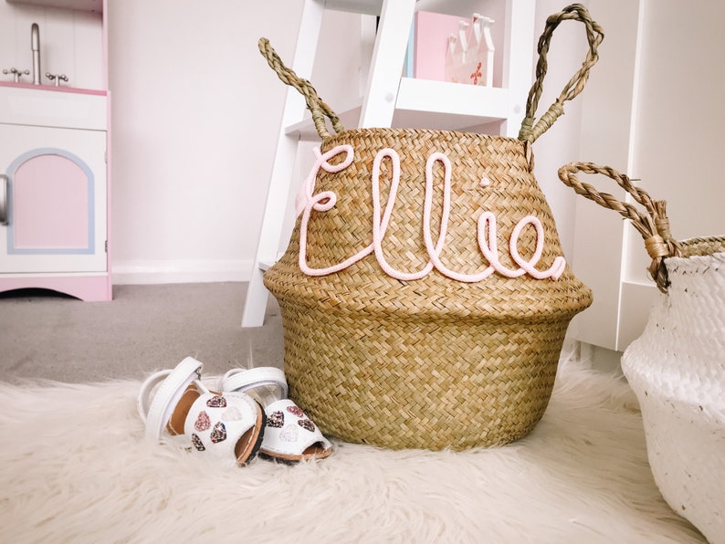 Personalized Belly Basket Personalised Baby Gift Kids Room Decor Custom Seagrass Basket Toy Storage Girls Room Organisation image 4