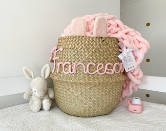 Personalised Basket for Nursery - Baby Name Basket - Toy Storage Belly Basket with Woven Handles - Gift for Baby Girl