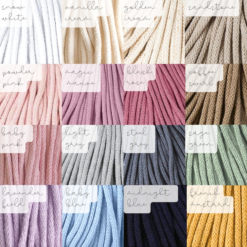 Pu&ograve; includere: Una collezione di 12 cordoncini di cotone in vari colori, tra cui bianco neve, crema vaniglia, crema dorata, arenaria, rosa cipria, malva magico, rosa blush, vortice di caff&egrave;, rosa baby, grigio chiaro, grigio acciaio, verde salvia, campo di lavanda, blu baby, blu notte e senape francese.
